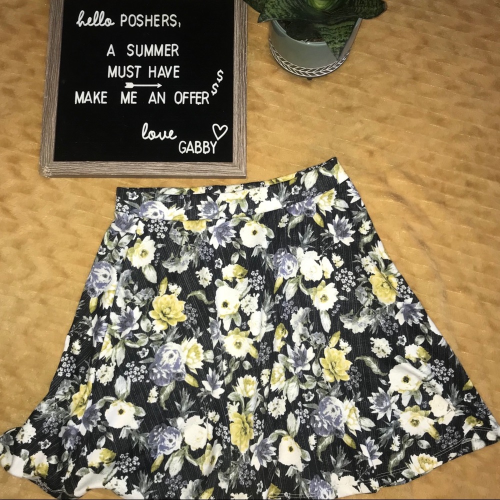 Blue Skirt with White and Soft Yellow Flowers